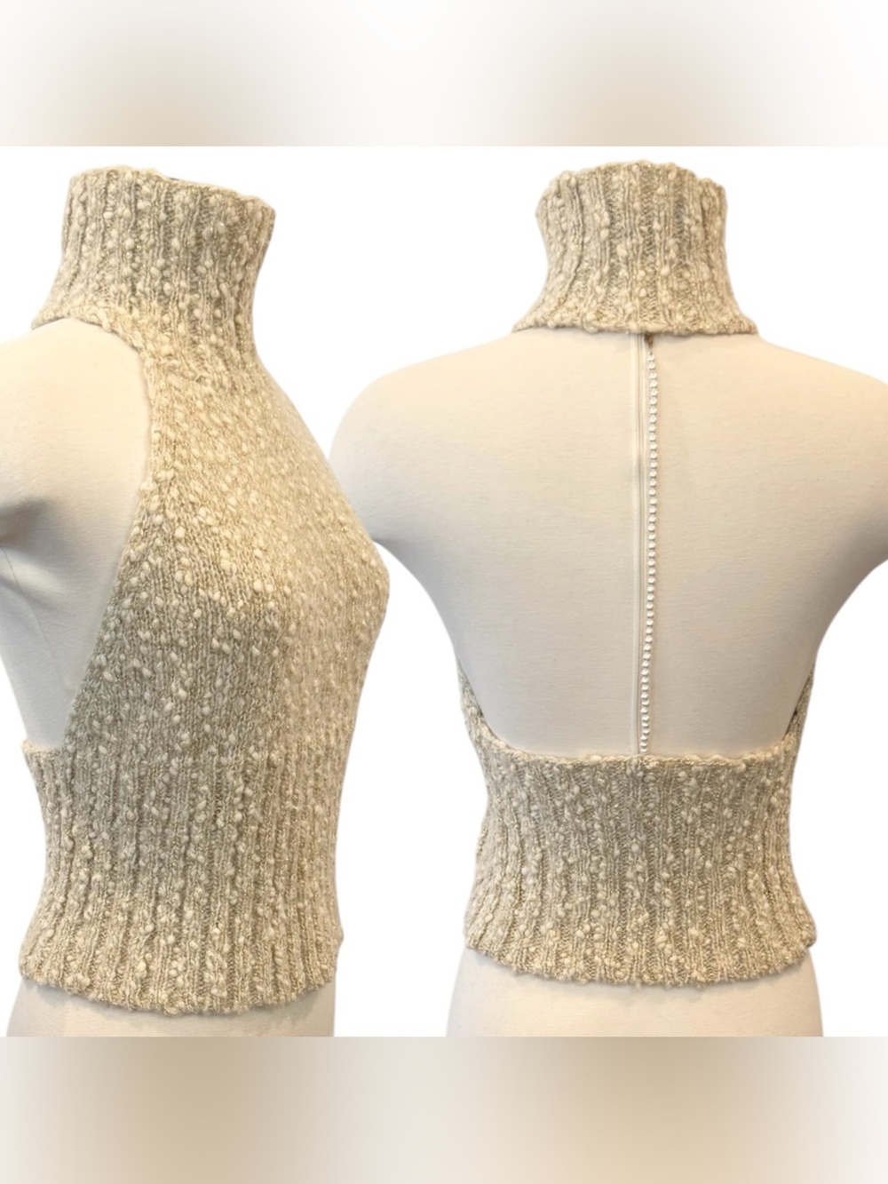 EXPRESS Wool Blend Cream Metallic Gold Knit Vintage Holiday Halter Sweater Top M - Picture 14 of 15